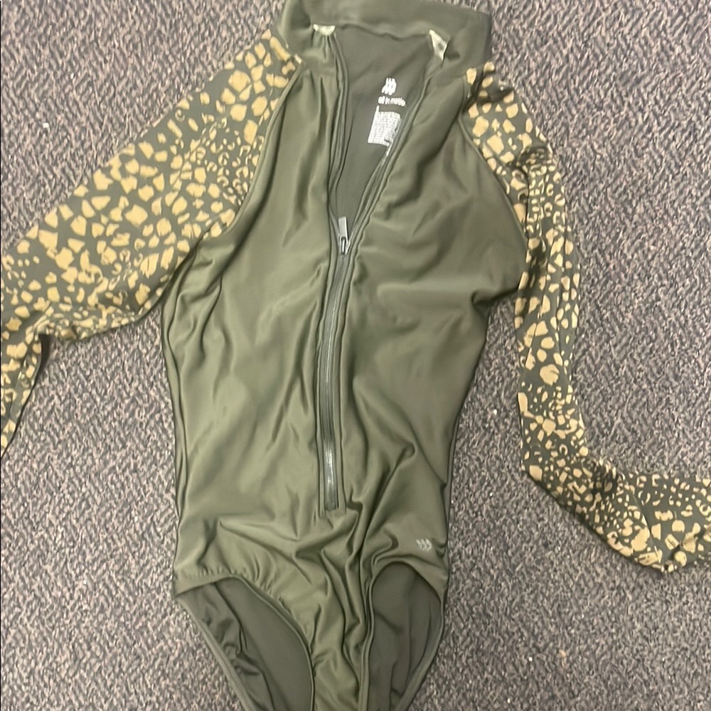 Billabong Green and Tan Bodysuit with High Neckline and Zipper